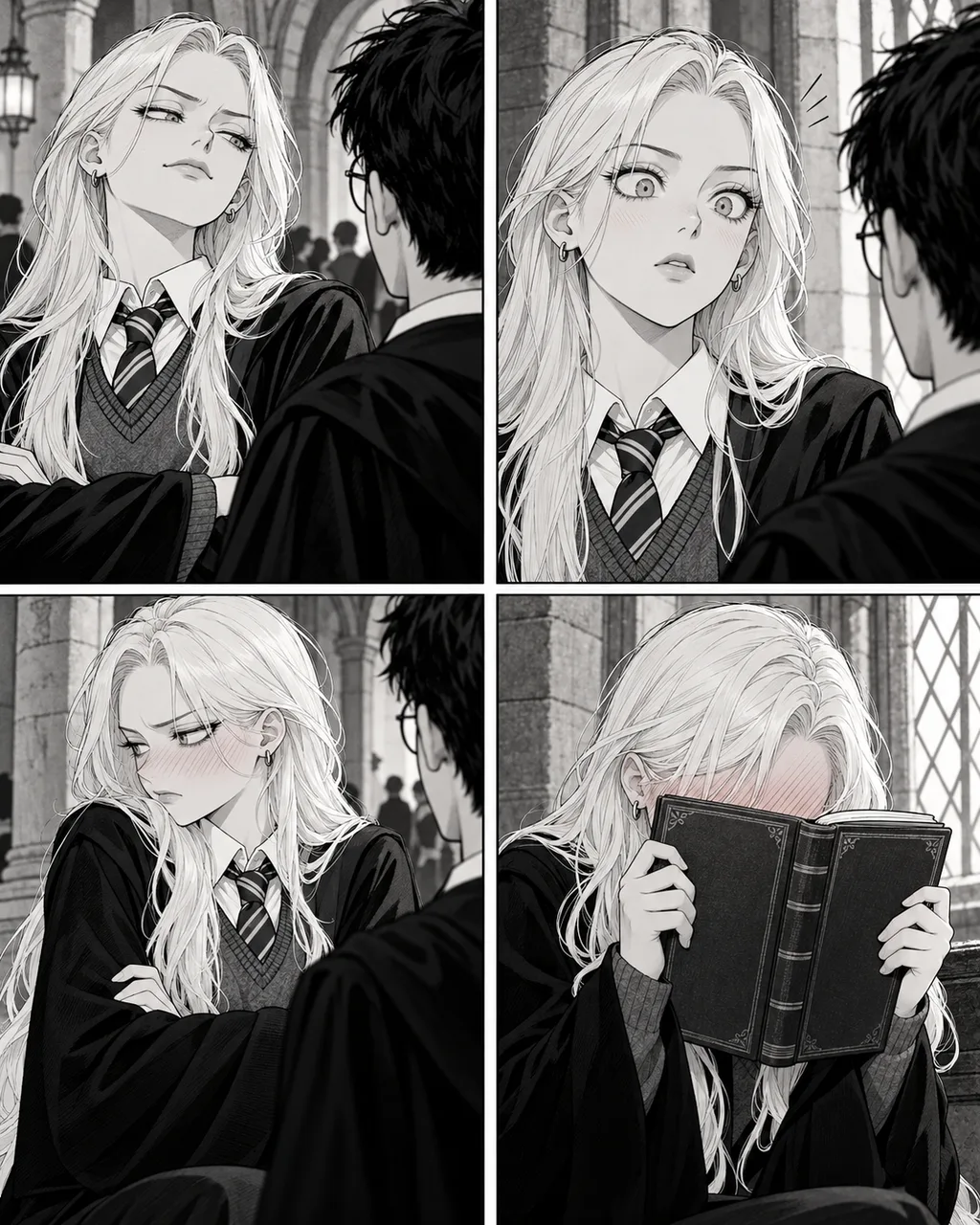 Example Malfoid: anime portrait with platinum hair and a smug smirk
